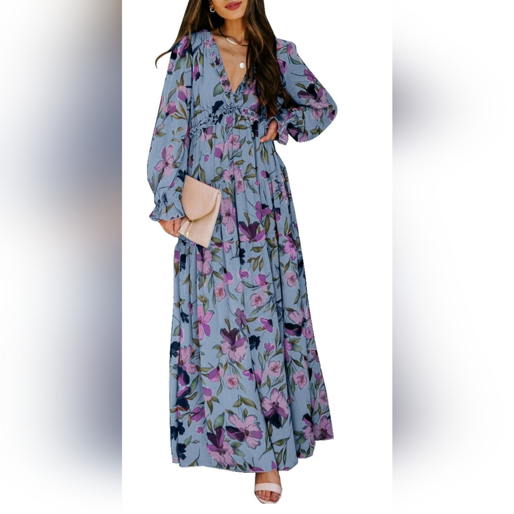 ZKESS Plus Size Dresses for Women Boho Floral Print MaxiDress with Long Sleeves